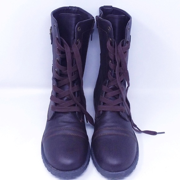Women' s Brown Lace Up Zip Up Double Buckle Combat Boots - Picture 2 of 13